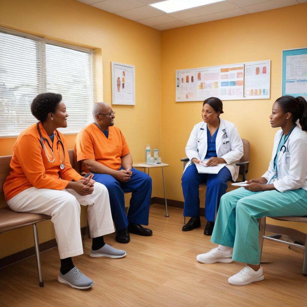 A compassionate scene illustrating a diverse group of patients in a warm, welcoming clinic setting, engaging in discussions with supportive healthcare professionals. Display educational materials and treatment charts visibly in the background. Emphasize empowerment and community, with soft, reassuring colors and hopeful expressions. super-realistic. vibrant colors. soothing atmosphere.